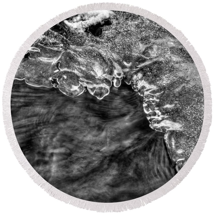 Ice Round Beach Towel featuring the photograph Ice On Creek in Black and White by Greg and Chrystal Mimbs