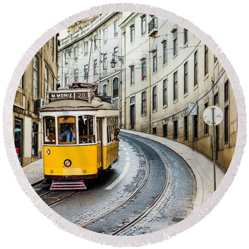 Tram Round Beach Towel featuring the photograph Iconic Lisbon Streetcar No. 28 III by Marco Oliveira