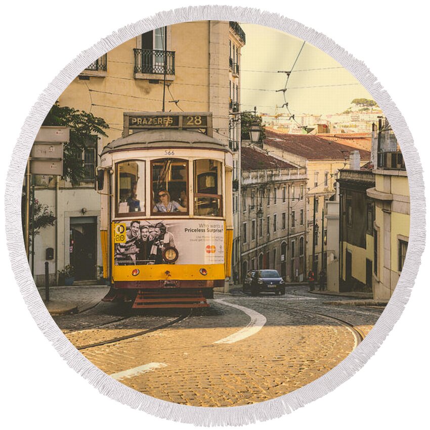 Streetcar Round Beach Towel featuring the photograph Iconic Lisbon Streetcar No. 28 IV by Marco Oliveira