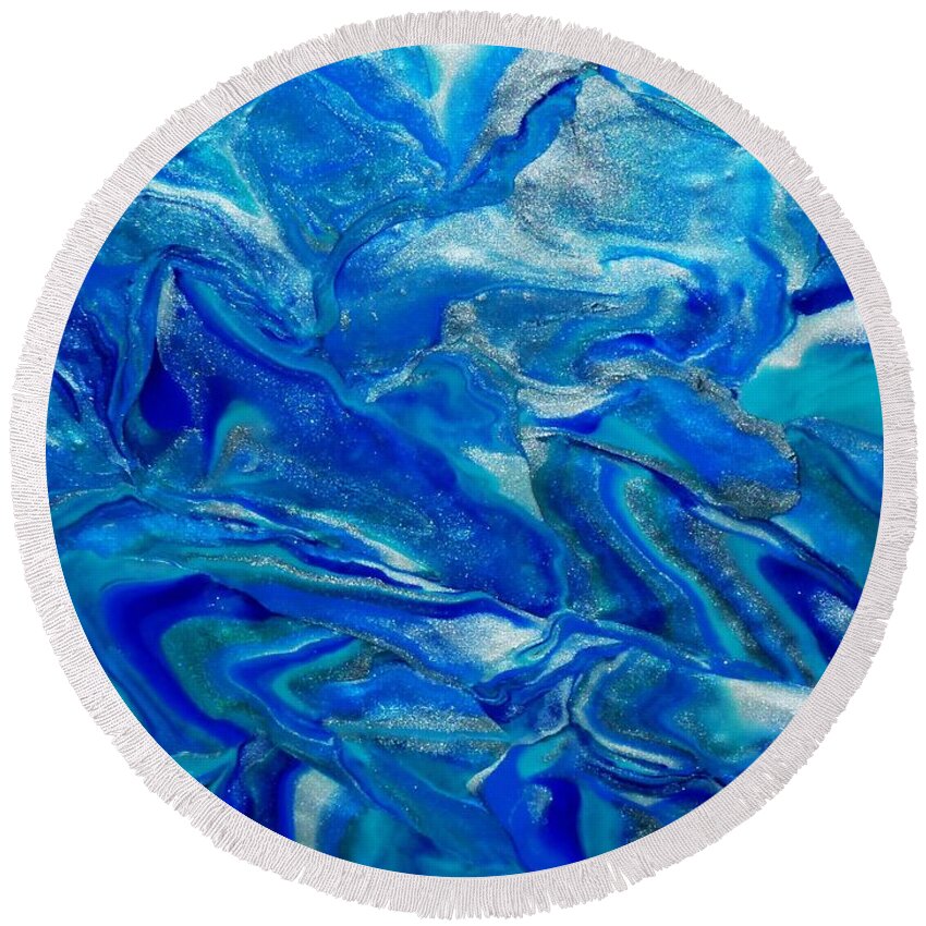 Abstract Round Beach Towel featuring the mixed media Icy Blue by Deborah Stanley