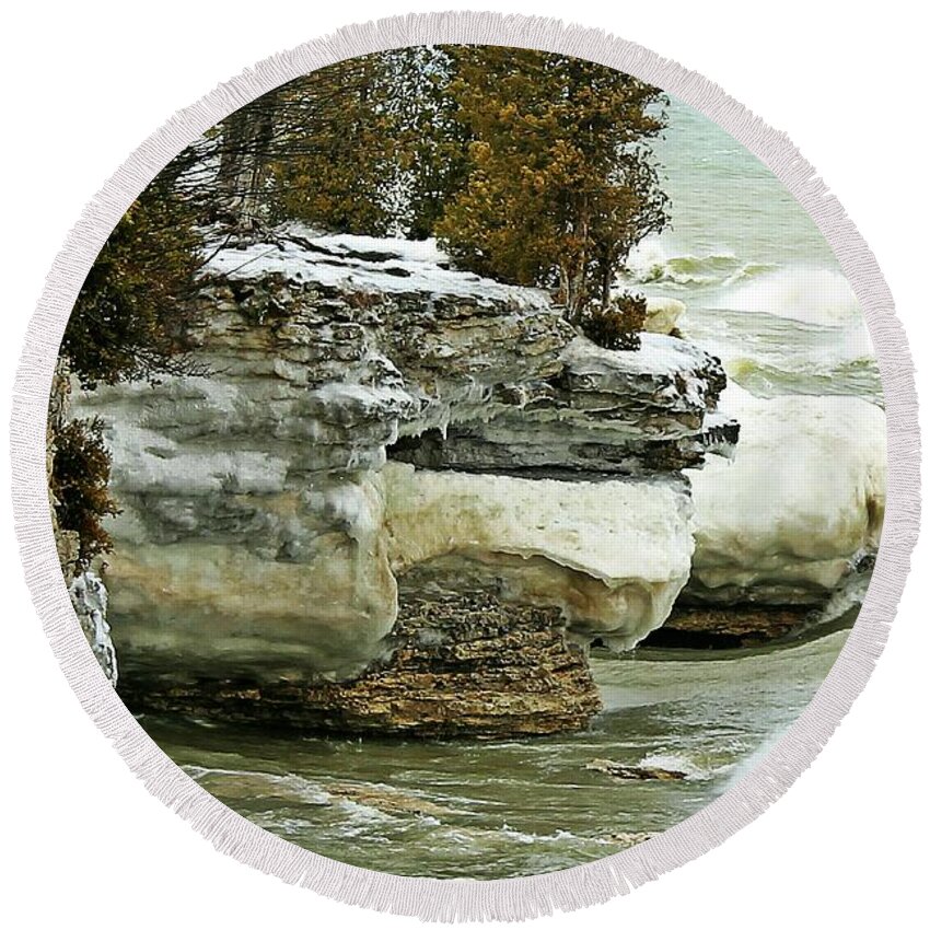 Cave Point Round Beach Towel featuring the photograph Icy Cave Point - Door County by Nikki Vig