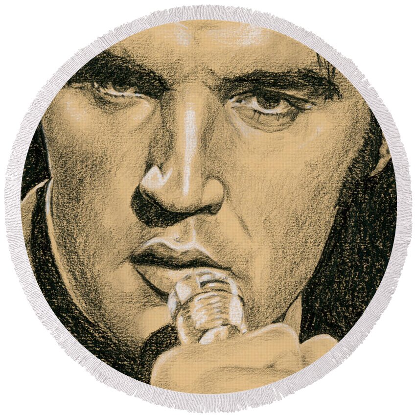 Elvis Round Beach Towel featuring the drawing If you're looking for Trouble by Rob De Vries
