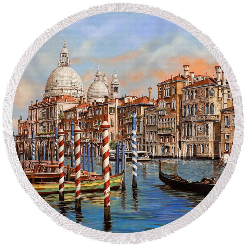 Venice Round Beach Towel featuring the painting il Canal Grande e il gondoliere by Guido Borelli