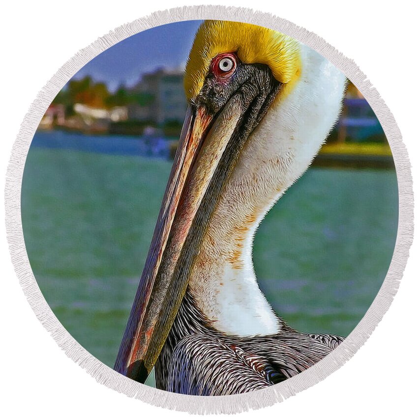 Pelican Round Beach Towel featuring the photograph I'm the King by Hanny Heim