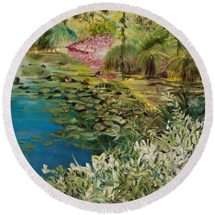 Gardens At Giverney In France With Water Lilies Round Beach Towel featuring the painting Image at Giverney by Kathy Knopp