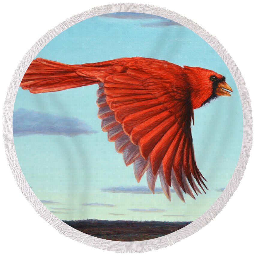 Cardinal Round Beach Towel featuring the painting In Flight by James W Johnson