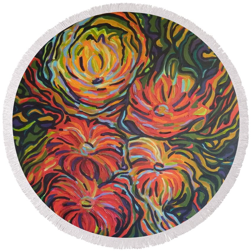 Zinnias Round Beach Towel featuring the painting In full bloom by Zofia Kijak