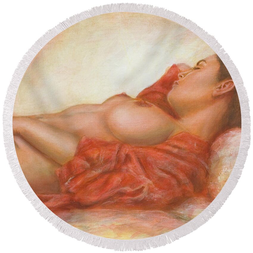 Erotic Round Beach Towel featuring the painting In her own World by John Silver