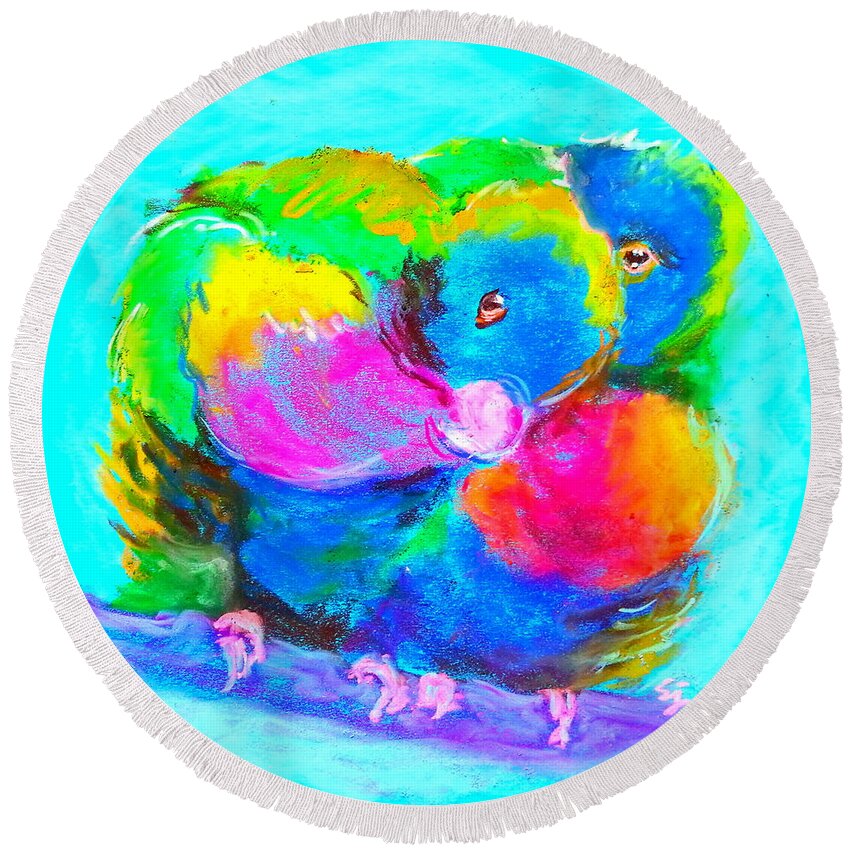 Rainbow Lorikeets Round Beach Towel featuring the painting In Love Birds - Lorikeets by Sue Jacobi