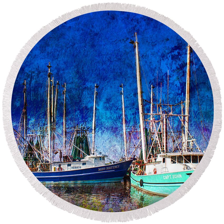 Shrimpboat Round Beach Towel featuring the photograph In Safe Harbor by Barry Jones