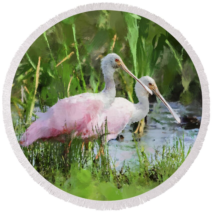 Roaseate Spoonbills Round Beach Towel featuring the photograph In The Bayou #3 by Betty LaRue