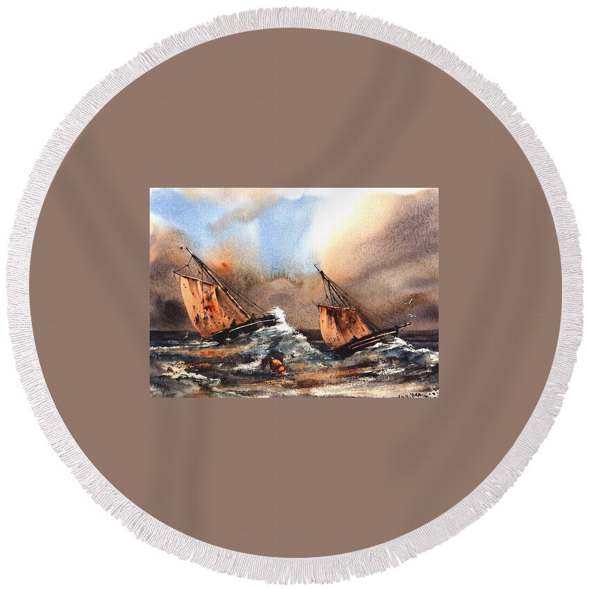 Val Byrne Round Beach Towel featuring the painting In the eye of the storm by Val Byrne