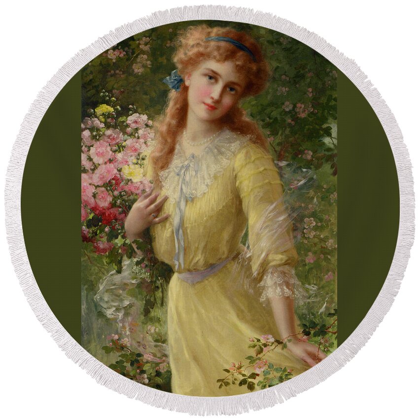 In The Garden Round Beach Towel featuring the digital art In The Garden by Emile Vernon