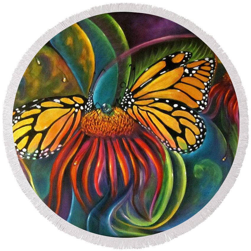 Curvismo Round Beach Towel featuring the painting In The Garden by Sherry Strong