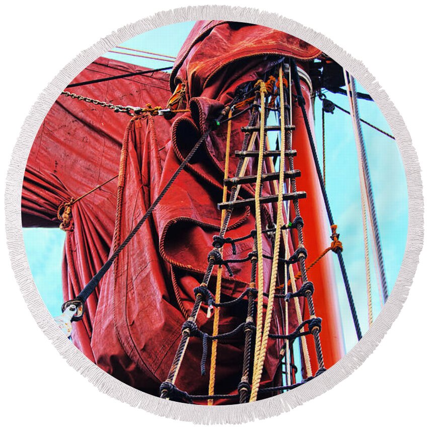 Sailing Barge Rigging Imagery Round Beach Towel featuring the photograph In The Rigging by David Davies