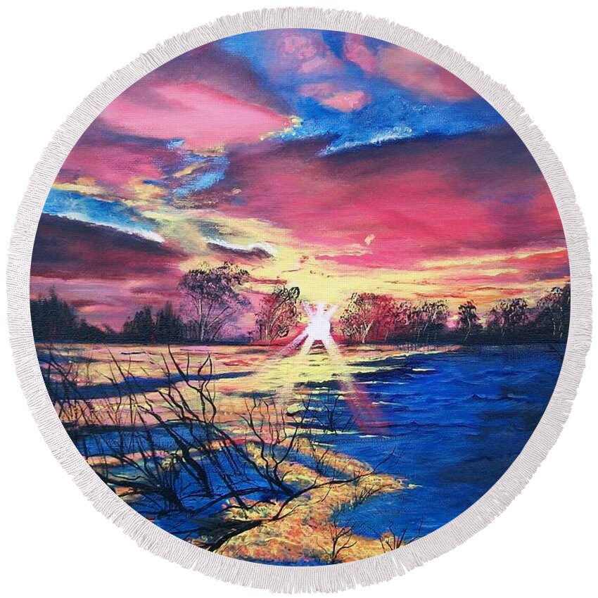 Red Sky Round Beach Towel featuring the painting In The Still of Dawn by Sharon Duguay