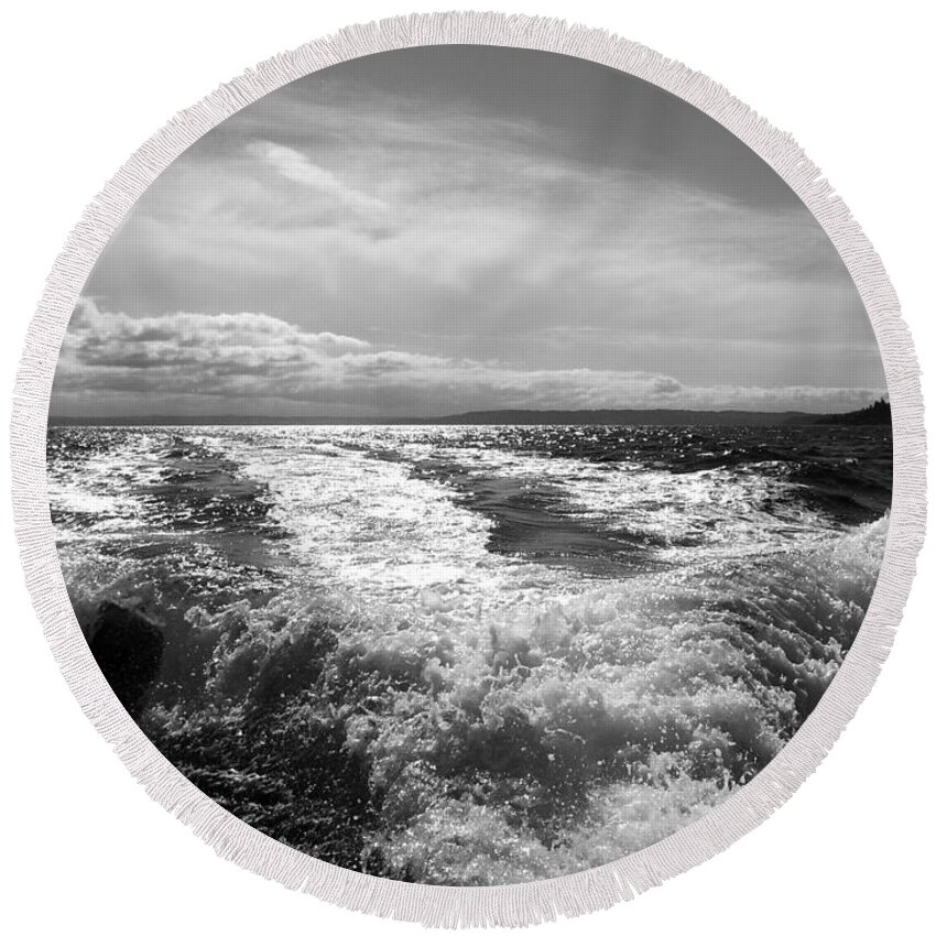 Puget Sound Round Beach Towel featuring the photograph In The Wake In Black and White by Jeanette C Landstrom