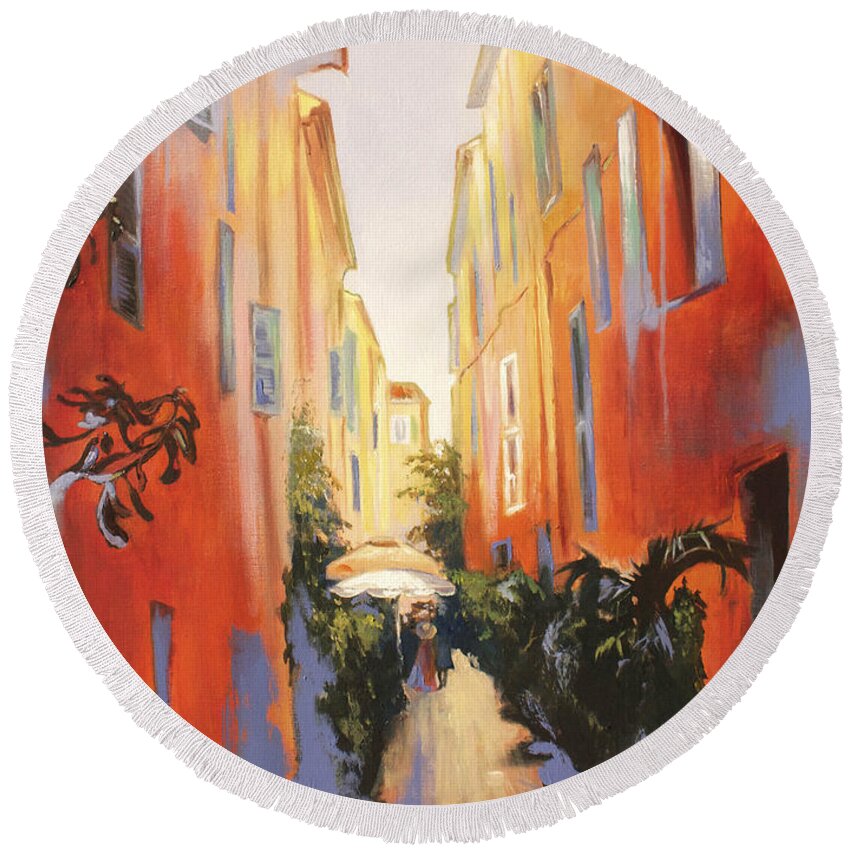 Lin Petershagen Round Beach Towel featuring the painting In Town of Saint Tropez by Lin Petershagen