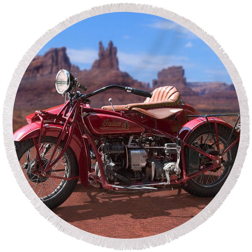 Indian Motorcycle Round Beach Towel featuring the photograph Indian 4 Sidecar 2 by Mike McGlothlen