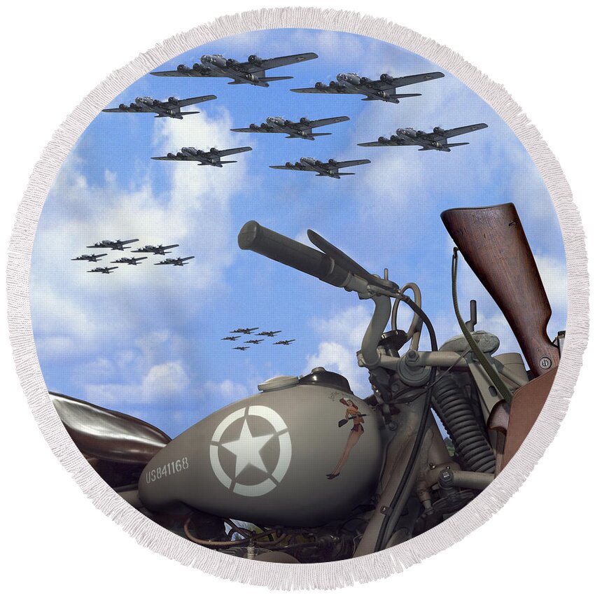 Ww2 Round Beach Towel featuring the photograph Indian 841 And The B-17 Bomber SQ by Mike McGlothlen
