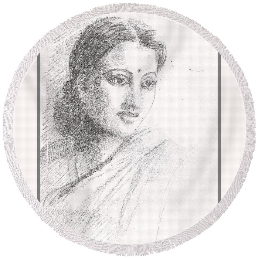 Indian Woman Round Beach Towel featuring the drawing Indian Woman by Asha Sudhaker Shenoy