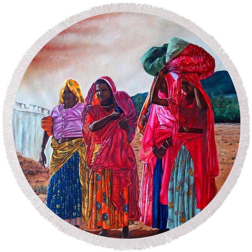 India Round Beach Towel featuring the painting Indian Women by Michelangelo Rossi