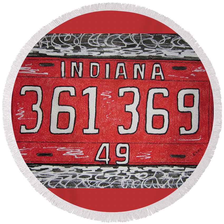 Indiana Round Beach Towel featuring the painting Indiana 1949 License Platee by Kathy Marrs Chandler