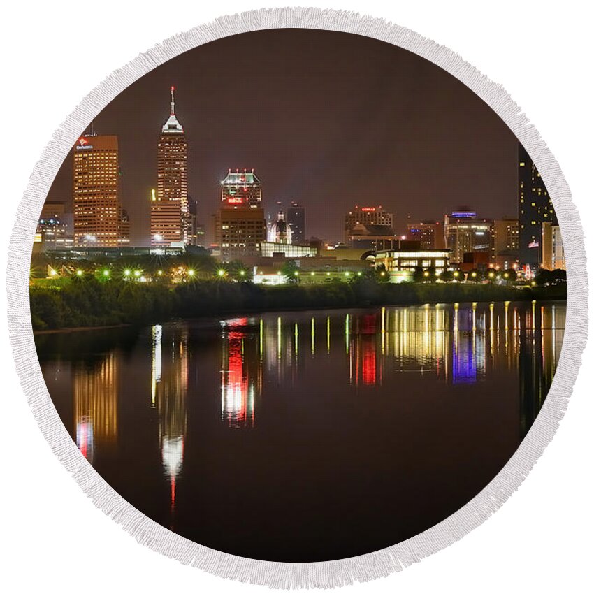 Indianapolis Round Beach Towel featuring the photograph Indianapolis Skyline at Night Indy Downtown Color Panorama by Jon Holiday