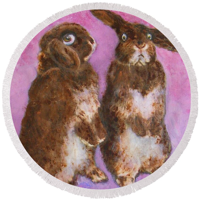 Pet Round Beach Towel featuring the painting Indignant Bunny and Friend by Richard James Digance
