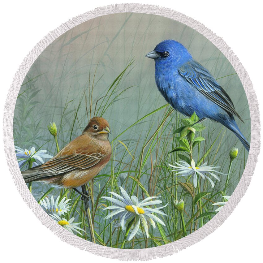 Blue Birds Round Beach Towel featuring the painting Indigo Bunting by Mike Brown