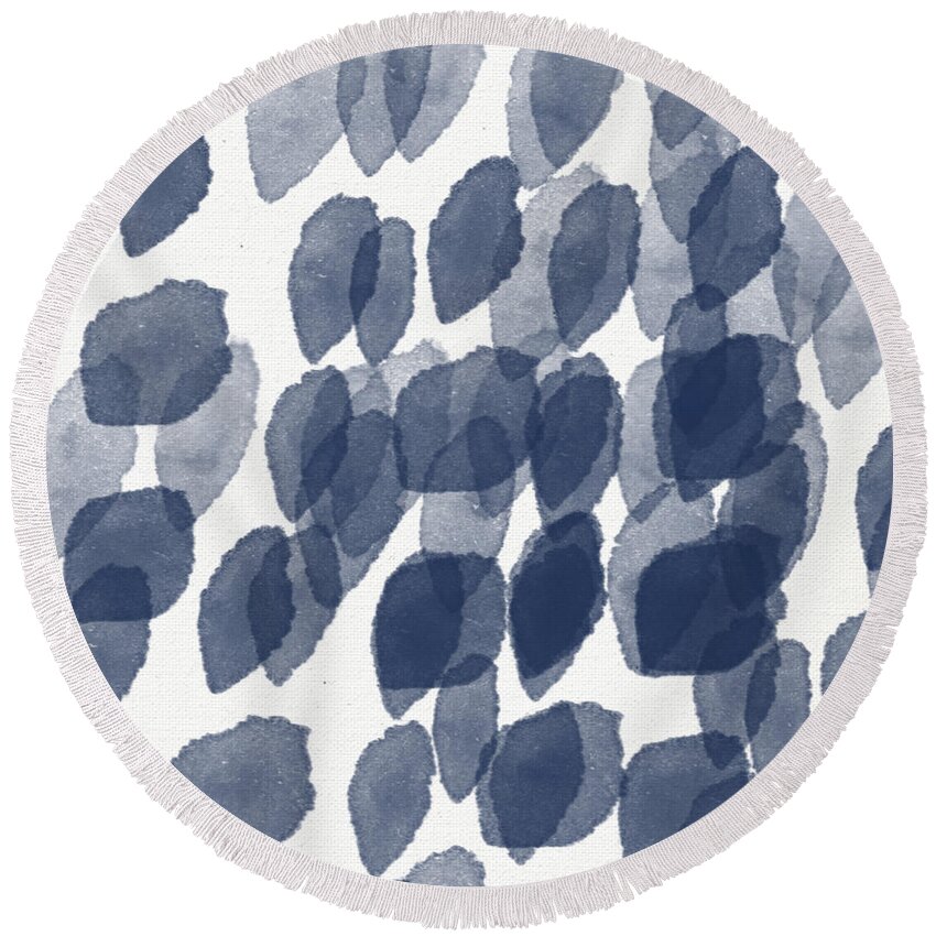 Abstract Painting Round Beach Towel featuring the mixed media Indigo Rain- abstract blue and white painting by Linda Woods
