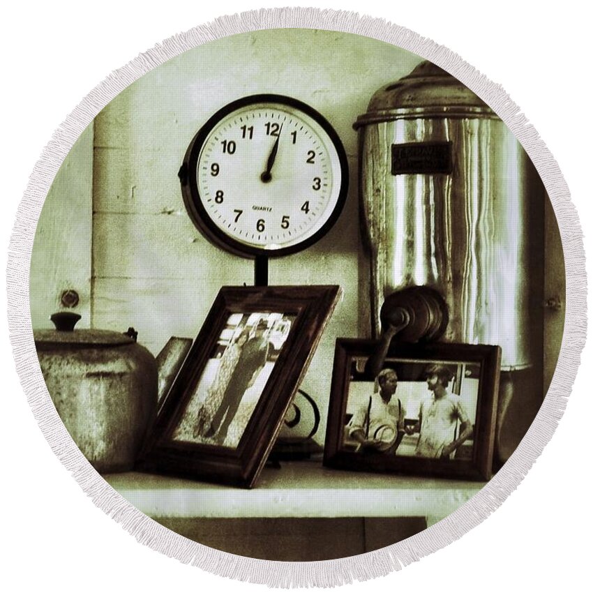 Vintage Coffee Maker Round Beach Towel featuring the photograph Inside The Whistle Stop Cafe by Patricia Greer