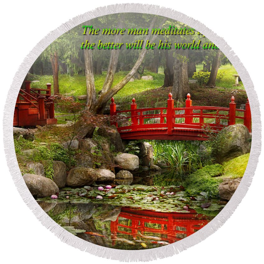 Teahouse Round Beach Towel featuring the photograph Inspiration - Japanese Garden - Meditation by Mike Savad