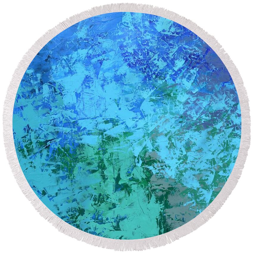 Abstract Round Beach Towel featuring the painting Into the Deep Blue Sea by Linda Bailey
