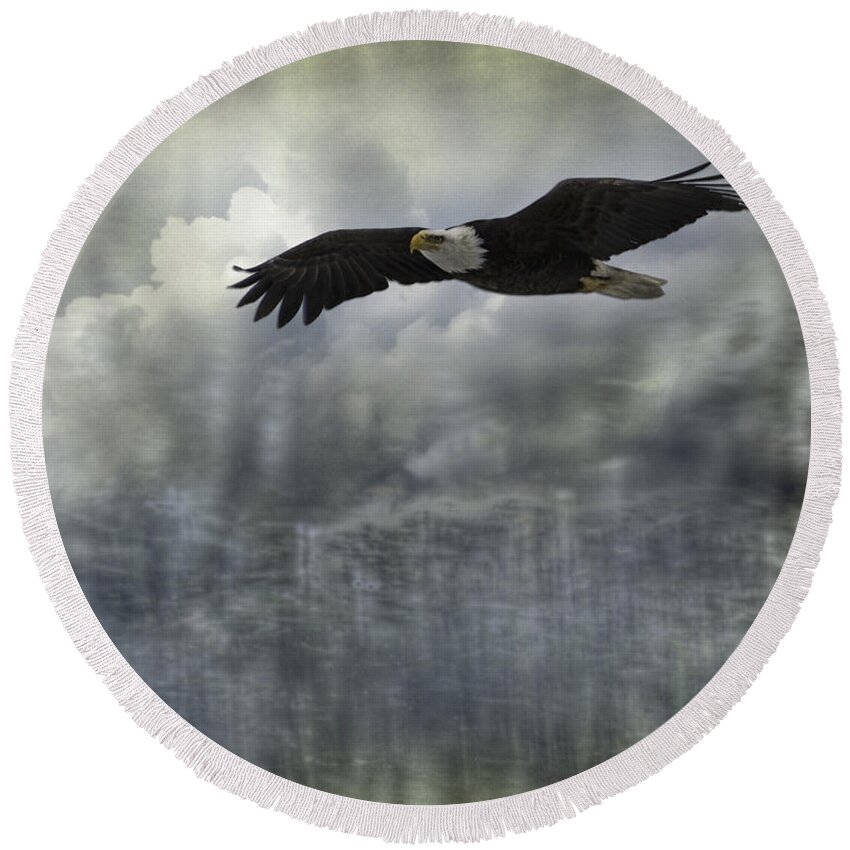 American Adult Bald Eagle Round Beach Towel featuring the photograph Into The Heavens by Thomas Young