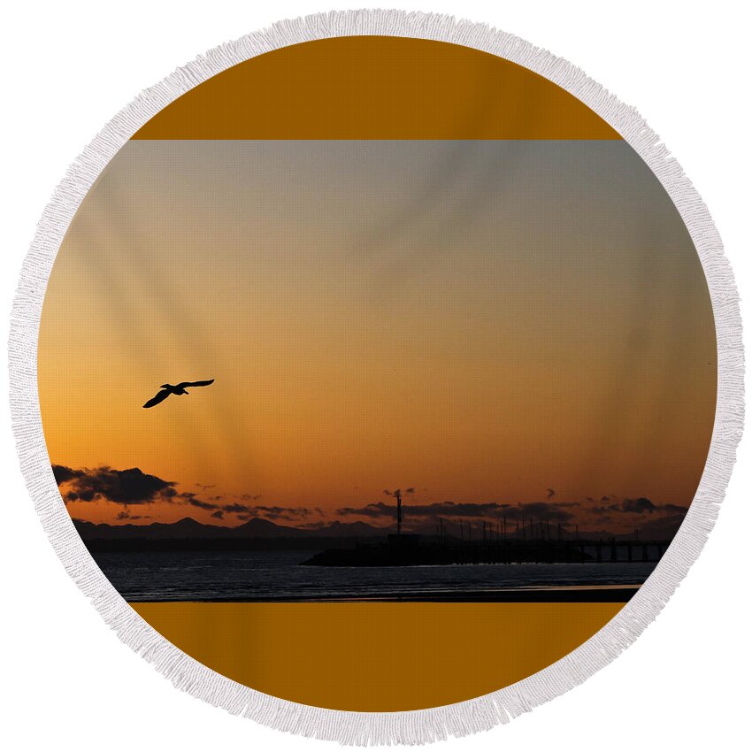 Bird Round Beach Towel featuring the photograph Into the Sunset by Redjule Photography