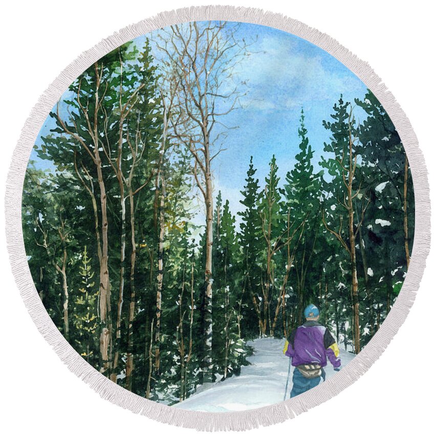 Cross Country Skiing Round Beach Towel featuring the painting Into the Woods by Barbara Jewell