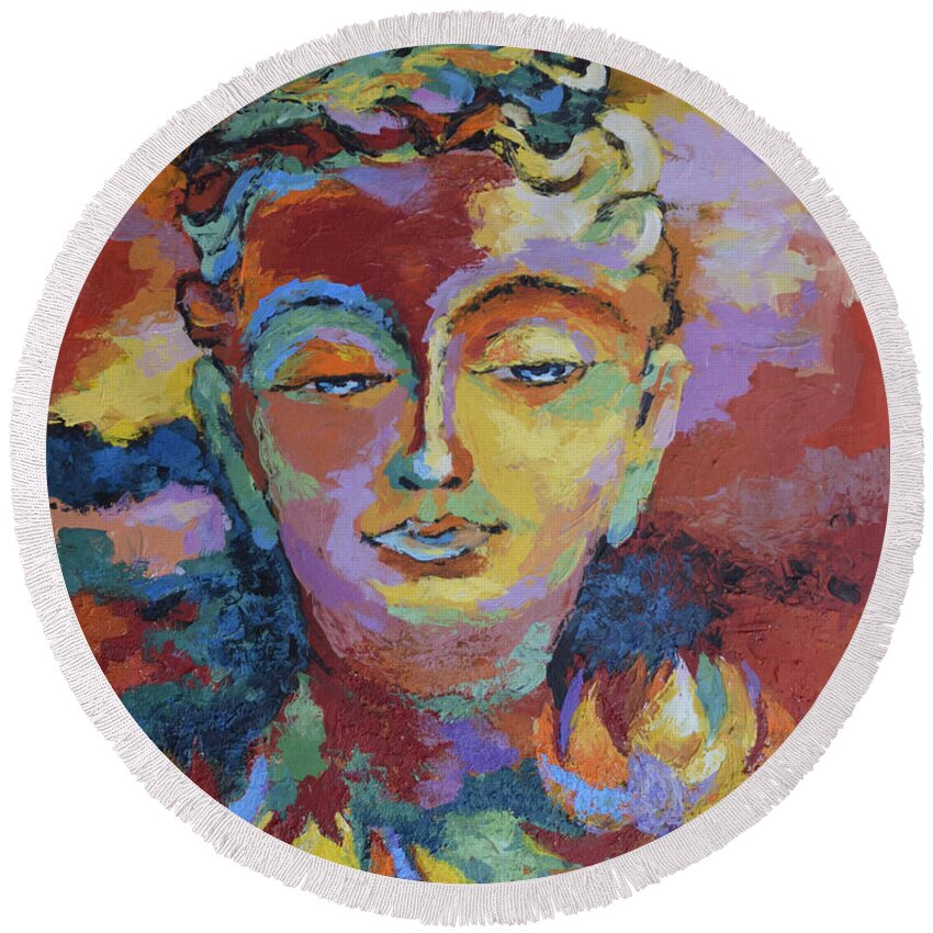Buddha Round Beach Towel featuring the painting Introspection by Jyotika Shroff