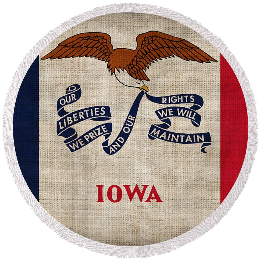 Iowa Round Beach Towel featuring the painting Iowa state flag by Pixel Chimp