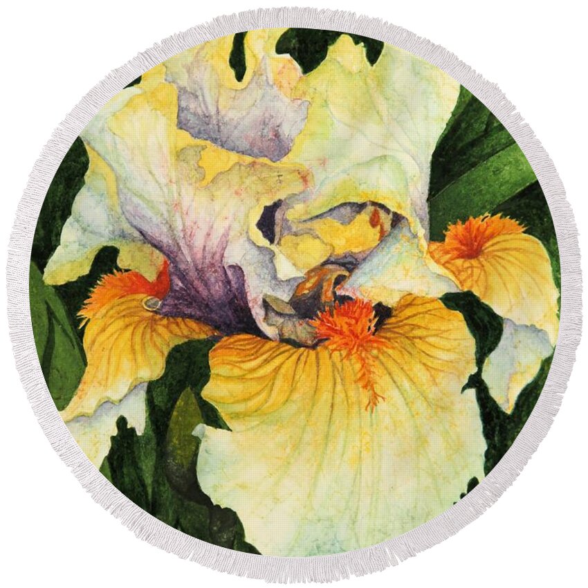 Iris Round Beach Towel featuring the painting Iris Elegance by Barbara Jewell