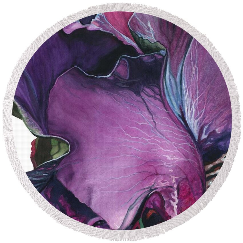 Flower Round Beach Towel featuring the painting Iris- Unfolding Drama by Barbara Jewell