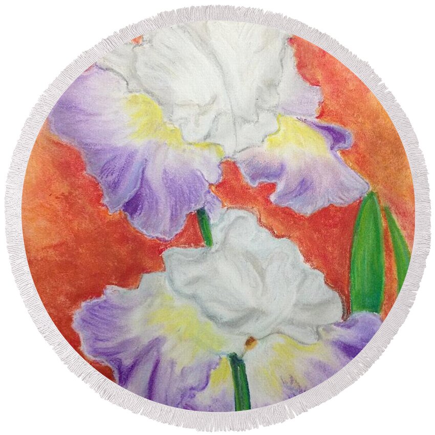 Flowers Round Beach Towel featuring the pastel Irises by Melissa Torres