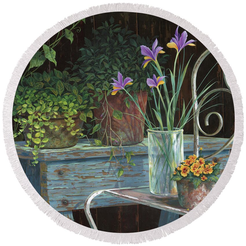 Michael Humphries Round Beach Towel featuring the painting Irises by Michael Humphries