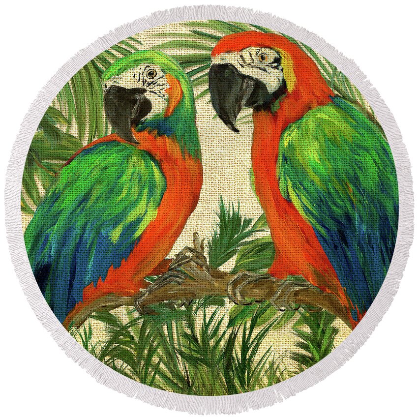 Parrot Round Beach Towel featuring the painting Island Birds Square On Burlap I by Julie Derice