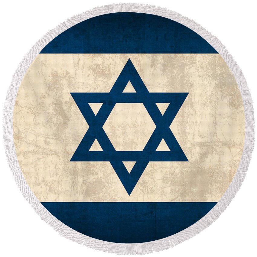 Israel Flag Vintage Distressed Finish Round Beach Towel featuring the mixed media Israel Flag Vintage Distressed Finish by Design Turnpike
