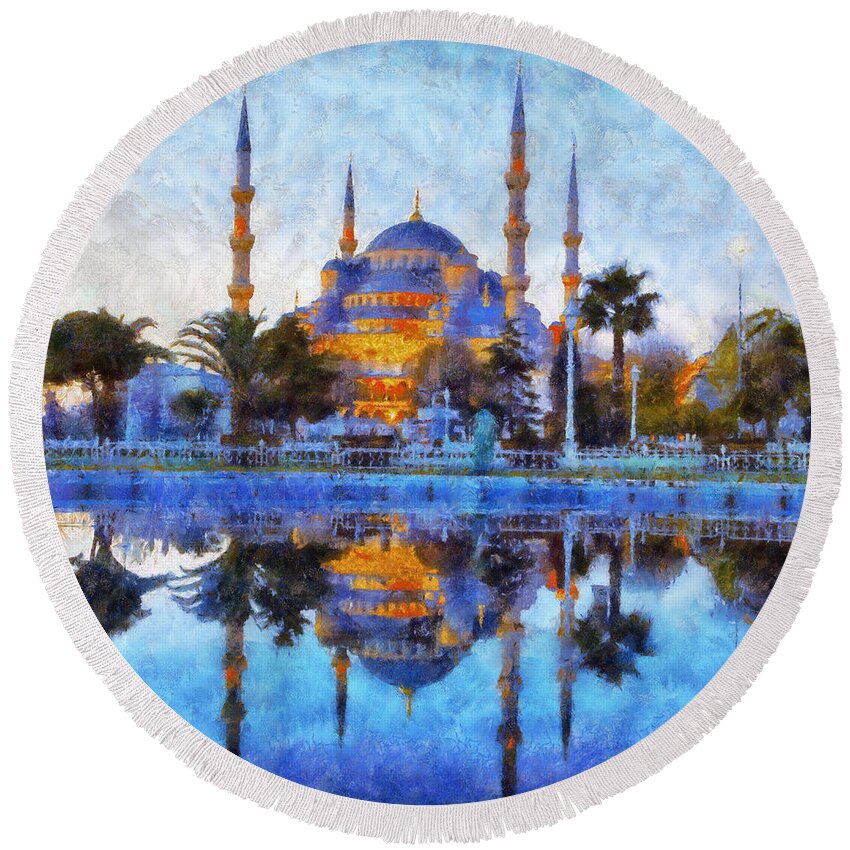 Istanbul Blue Mosque Round Beach Towel featuring the painting Istanbul Blue Mosque by Lilia D