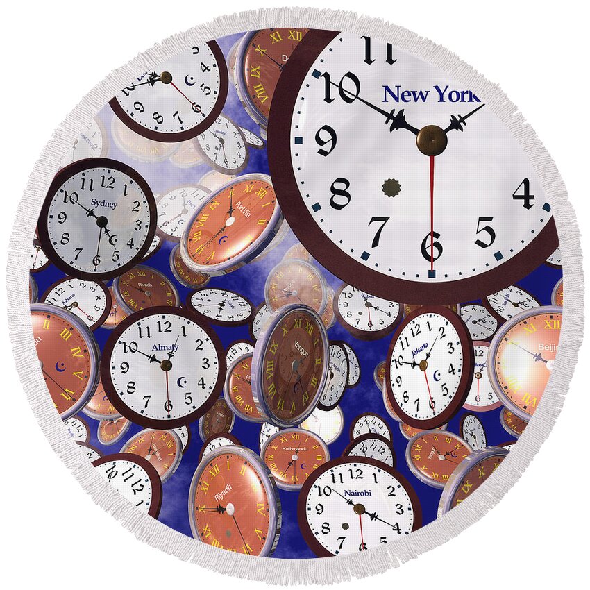 Clocks Round Beach Towel featuring the digital art It's Raining Clocks - New York by Nicola Nobile