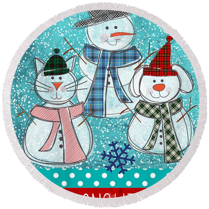 Snowman Round Beach Towel featuring the painting It's Snowtime by Linda Woods