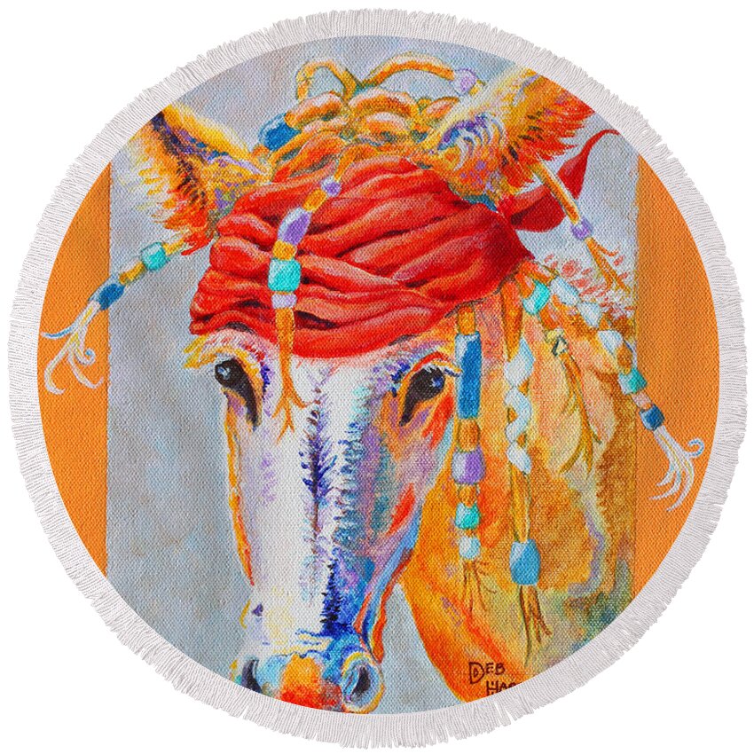 Burro Round Beach Towel featuring the painting JACK'S BACK - burro - donkey by Deb Harclerode