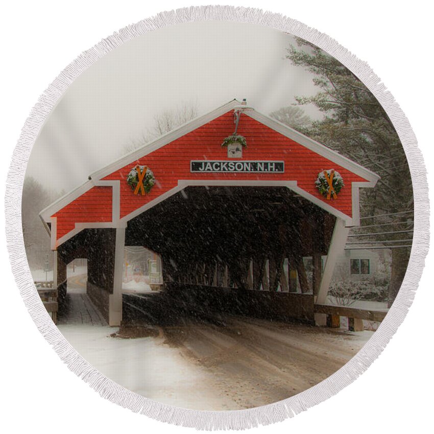 Covered Bridge Round Beach Towel featuring the photograph Jackson NH Covered Bridge by Brenda Jacobs